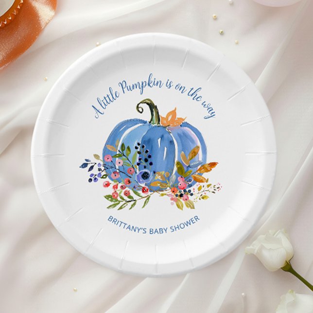 Whimsical Blue Pumpkin Baby Shower Paper Plates (Creator Uploaded)