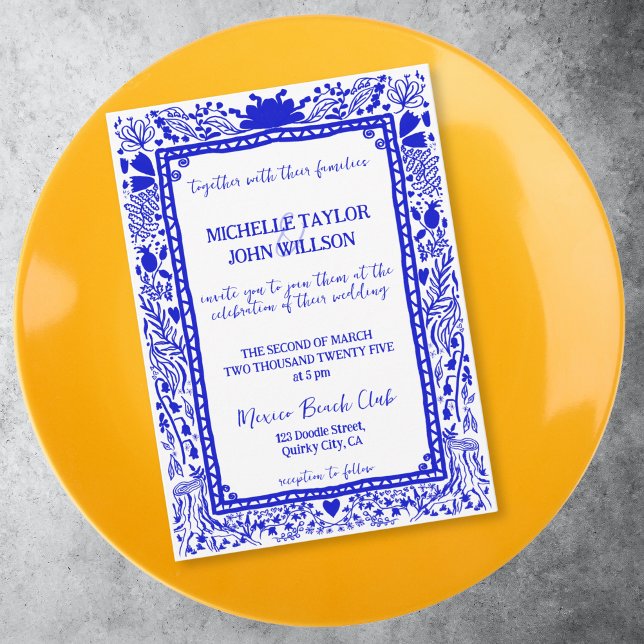 Whimsical Blue Quirky Doodle Hand Drawn  Invitation (FRENCH BLUE DOODLE WHIMSICAL WEDDING FRAME INVITATION)