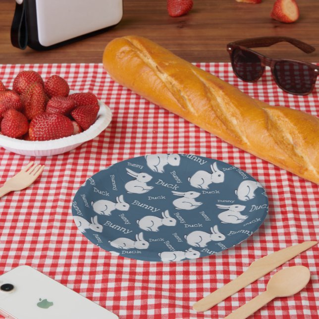 Whimsical Blue Rabbit Duck Illusion Drawing Easter Paper Plates (Picnic)