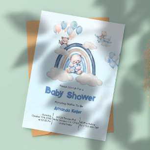 Whimsical Blue Rainbow Teddy Bear Baby Shower Invitation