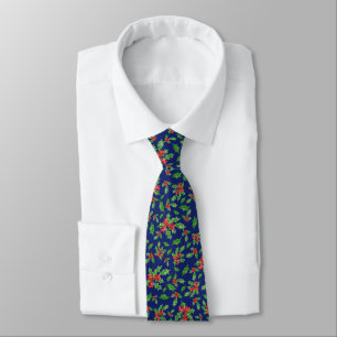 Whimsical Blue Red and Green Holly Christmas Neck Tie