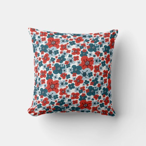 Whimsical Blue Red and White Flower Pattern Throw Pillow
