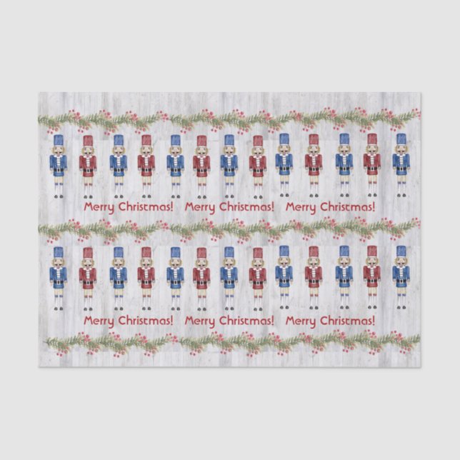 Whimsical Blue Red Nutcrackers Merry Christmas Tissue Paper (Front)