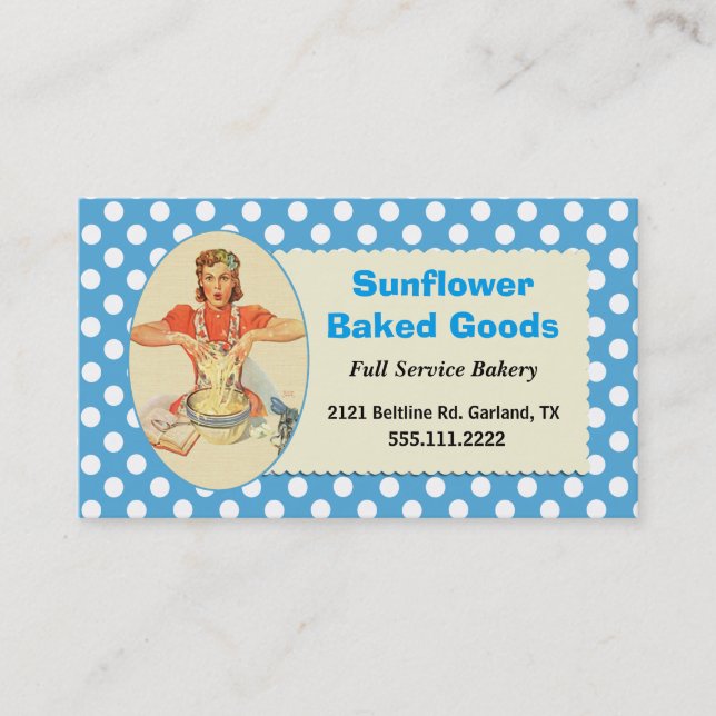 Whimsical Blue Retro Woman Bakery Business Card (Front)