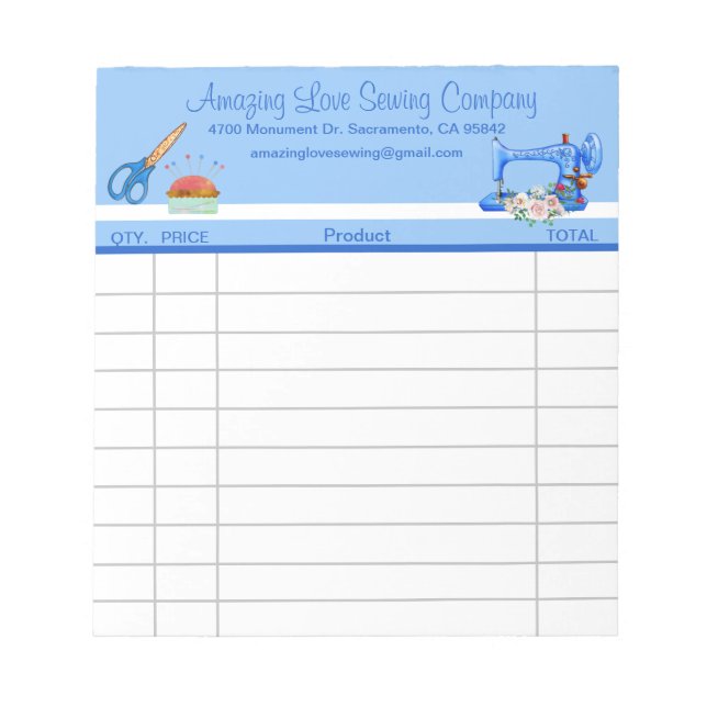 Whimsical Blue Sewing Machine sales receipt   Notepad (Front)