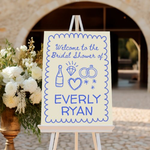 Whimsical blue sketch bridal shower welcome sign