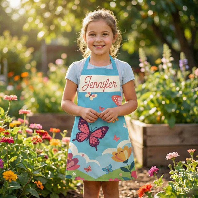 Whimsical Blue Sky Butterflies and Floral Garden Apron (Creator Uploaded)