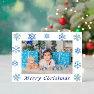 Whimsical Blue Snowflake Border Christmas Photo Letterpress Photo Cards