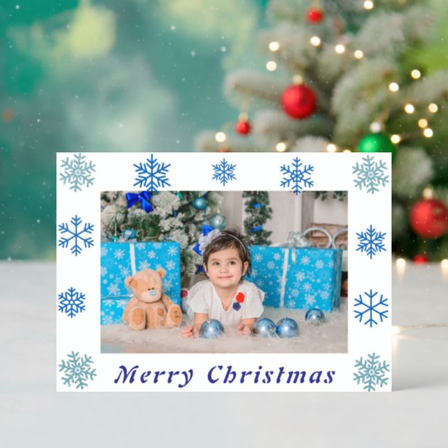 Whimsical Blue Snowflake Border Christmas Photo Letterpress Photo Cards (Front (Into))