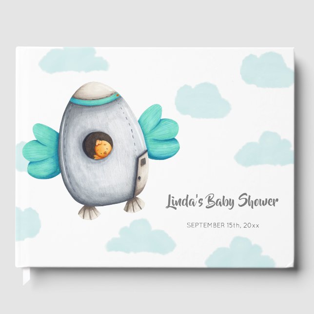 Whimsical Blue Spaceship and Chicken Baby Shower  Guest Book (Front)