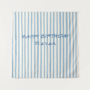 Whimsical Blue Striped Happy Birthday Backdrop