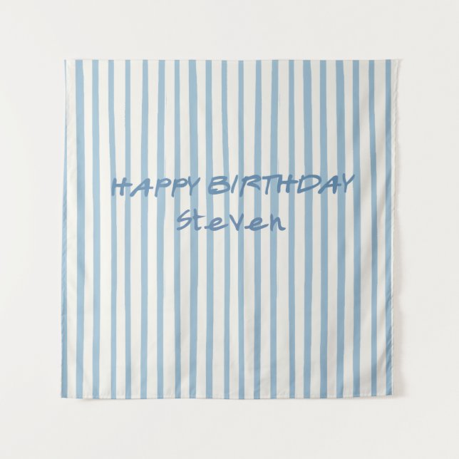 Whimsical Blue Striped Happy Birthday Backdrop (Front)
