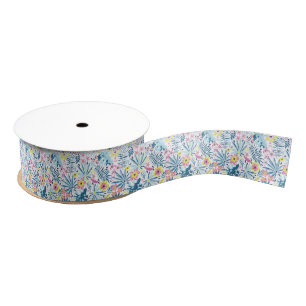 Whimsical Blue Summer Tropical Wildflowers Grosgrain Ribbon