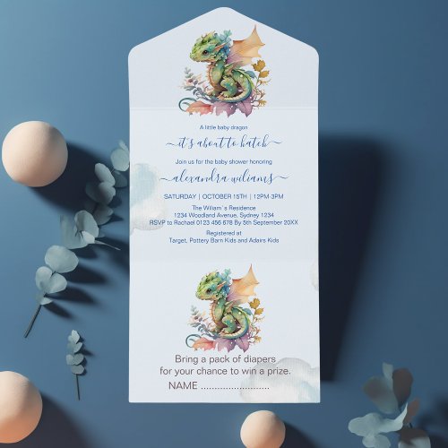 Whimsical Blue Teal Dragon Baby Shower All In One Invitation