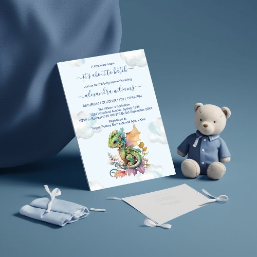 Whimsical Blue Teal Dragon Baby Shower Invitation