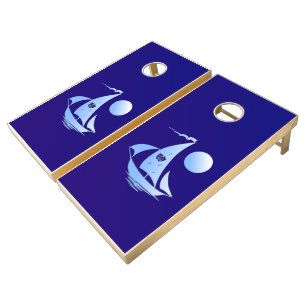 Whimsical Blue Theater Sailboat Regulation Cornhole Set
