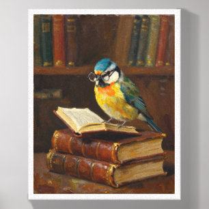 Whimsical Blue Tit Bird Reading Books Oil Painting Canvas Photo Tile