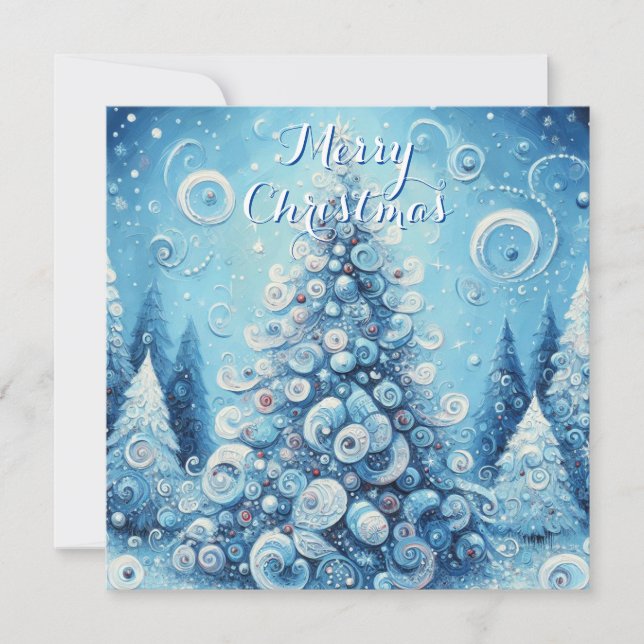 Whimsical Blue Tree – Impressionist Winter Glow Holiday Card (Front)