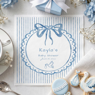 Whimsical Blue Watercolor Bow Stripe Baby Shower Napkins