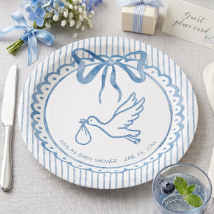Whimsical Blue Watercolor Bow Stripe Baby Shower Paper Plates