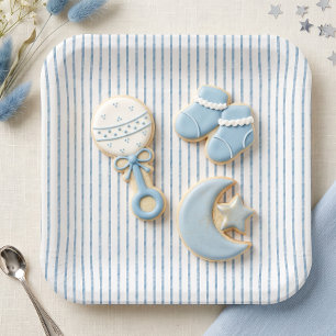 Whimsical Blue Watercolor Bow Stripe Baby Shower Paper Plates