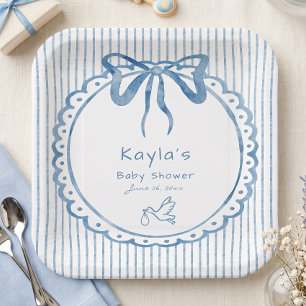 Whimsical Blue Watercolor Bow Stripe Baby Shower Paper Plates