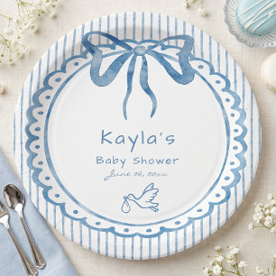 Whimsical Blue Watercolor Bow Stripe Baby Shower Paper Plates
