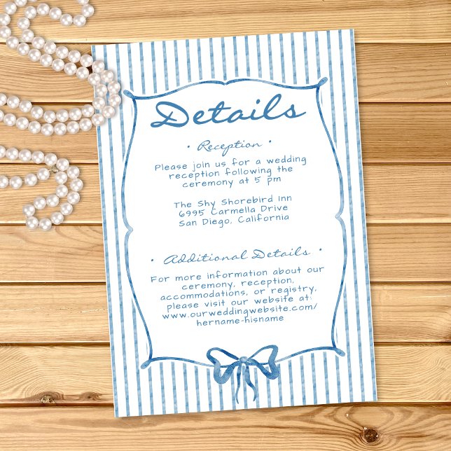 Whimsical Blue Watercolor Bow Stripe Wedding Enclosure Card (Whimsical Blue Watercolor Bow Stripe Wedding Enclosure Card)