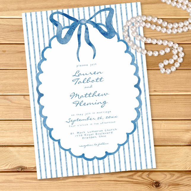 Whimsical Blue Watercolor Bow Stripe Wedding Invitation (Creator Uploaded)