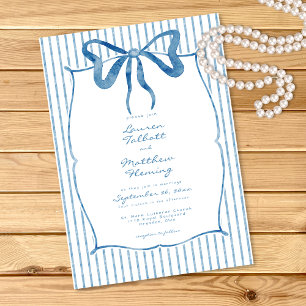 Whimsical Blue Watercolor Bow Stripe Wedding Invitation