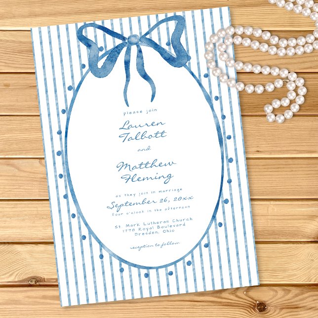 Whimsical Blue Watercolor Bow Stripe Wedding Invitation (Creator Uploaded)