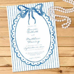 Whimsical Blue Watercolor Bow Stripe Wedding Invitation