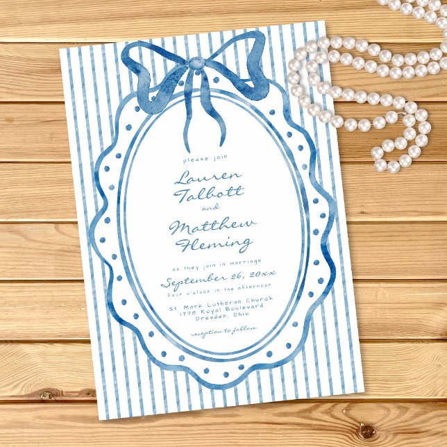 Whimsical Blue Watercolor Bow Stripe Wedding Invitation (Whimsical Blue Watercolor Bow Stripe Wedding Invitation)