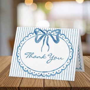 Whimsical Blue Watercolor Bow Stripe Wedding Thank You Card