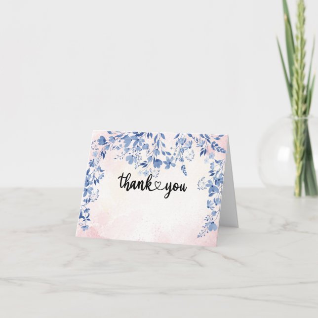 Whimsical Blue Watercolor Floral Thank You Folded Card (Front)