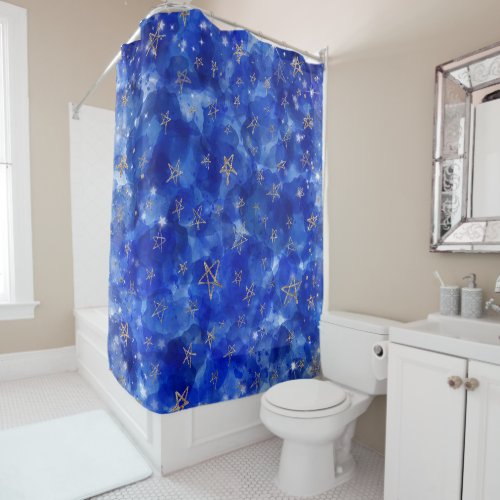 Whimsical Blue Watercolor Gold Bronze Moon Stars Shower Curtain