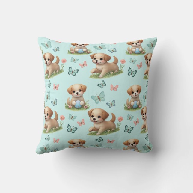 Whimsical Blue Watercolor Puppies and Butterflies Throw Pillow (Back)
