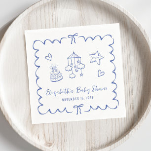 Whimsical Blue Wavy Frame Baby Boy Shower Napkins