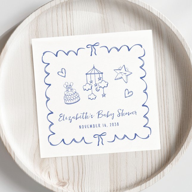 Whimsical Blue Wavy Frame Baby Boy Shower Napkins (Creator Uploaded)