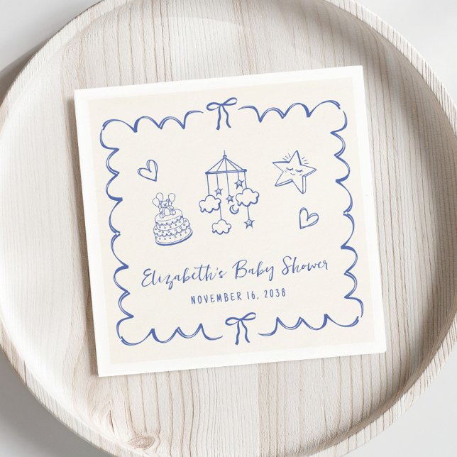 Whimsical Blue Wavy Frame Baby Boy Shower Napkins (Creator Uploaded)