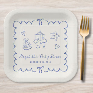 Whimsical Blue Wavy Frame Baby Boy Shower Paper Plates