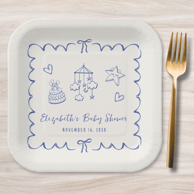 Whimsical Blue Wavy Frame Baby Boy Shower Paper Plates (Creator Uploaded)