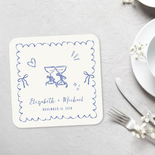 Whimsical Blue Wavy Frame Cream Wedding Square Paper Coaster