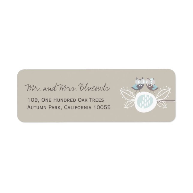 Whimsical Blue Wedding Owls On Tree Branch Address Label (Front)