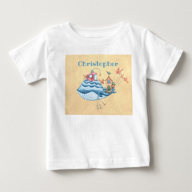 Whimsical Blue Whale, Submarine, House And Fish Baby T-Shirt (Front)