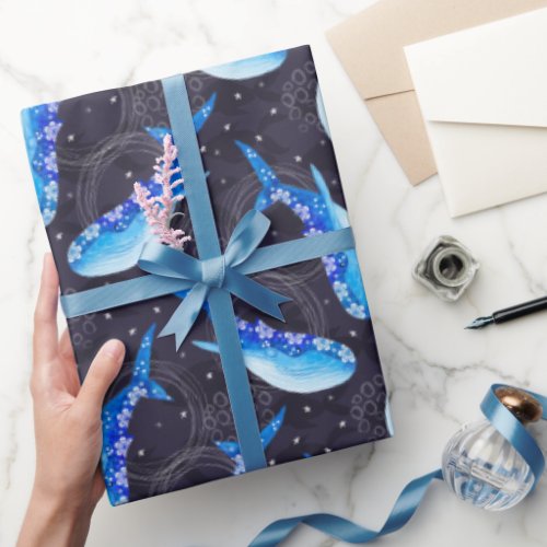 Whimsical blue whales wrapping paper