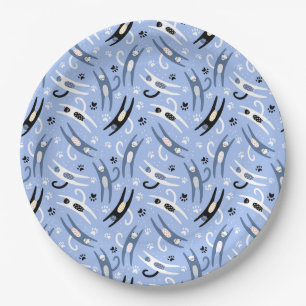 Whimsical Blue White Black Cartoon Cat Pattern Paper Plates
