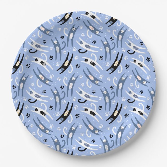 Whimsical Blue White Black Cartoon Cat Pattern Paper Plates (Front)