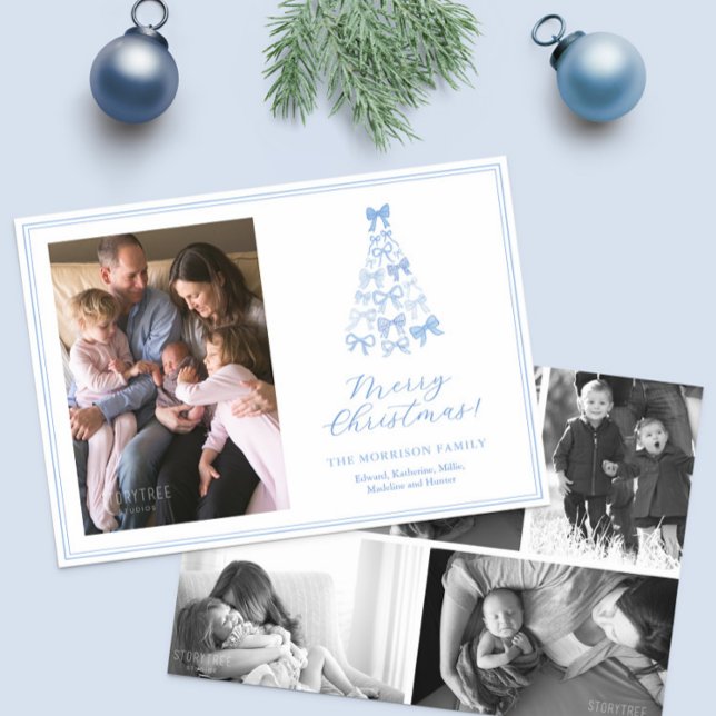 Whimsical Blue White Bows Merry Christmas Photo Holiday Card (Trendy watercolor blue bows Merry Christmas photo collage holidays card)