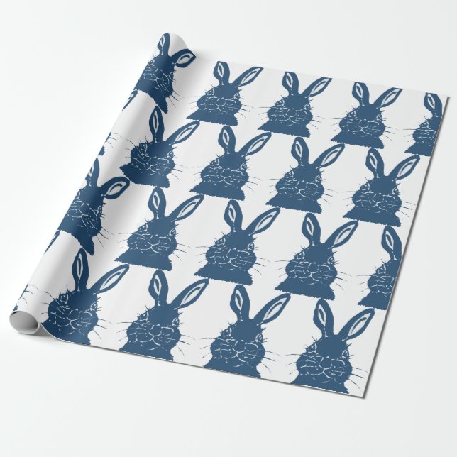 Whimsical Blue & White Bunny Rabbit Easter Pattern Wrapping Paper (Unrolled)